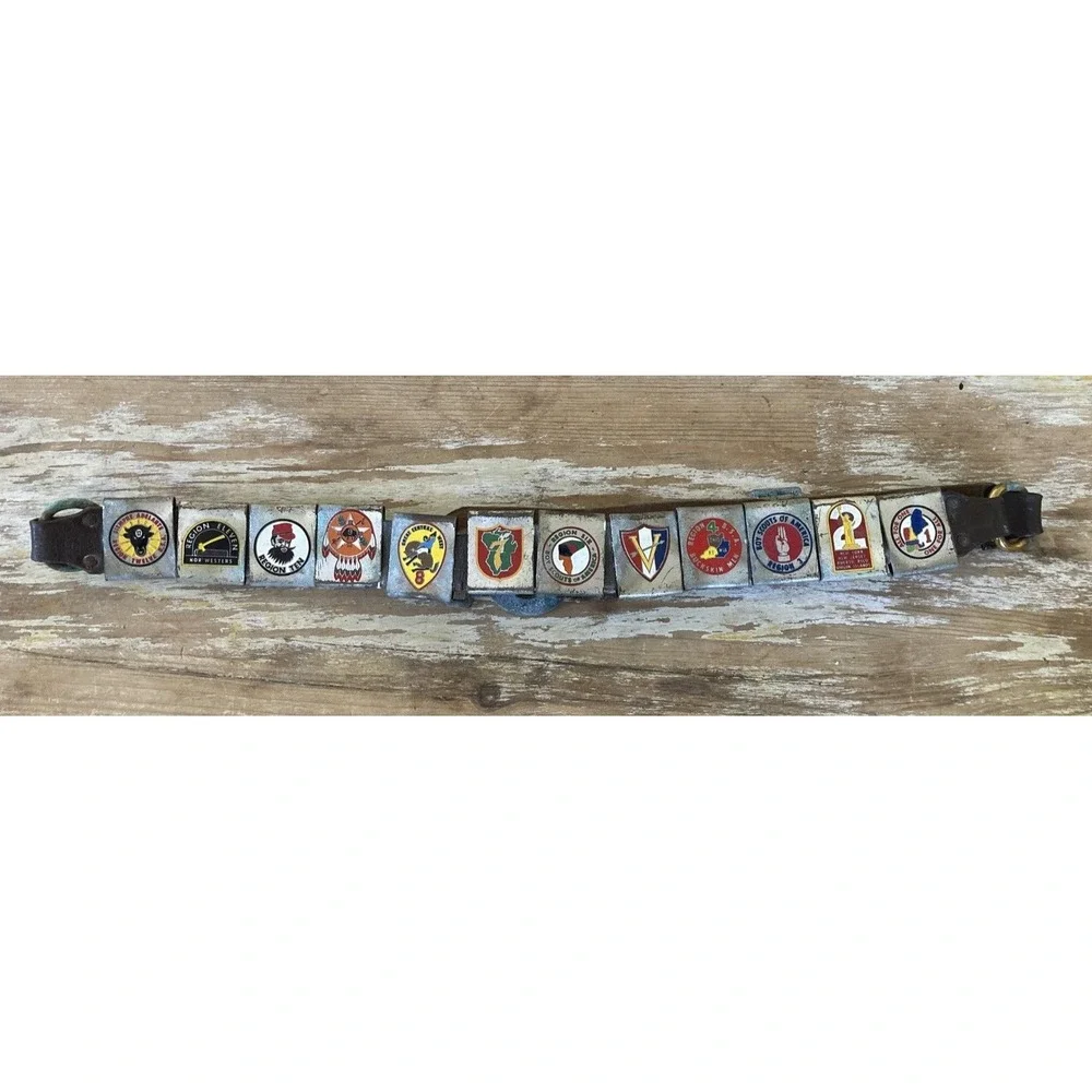 Vintage BSA Boy Scouts leather belt 2 piece buckle + jamboree badge slides 1930s